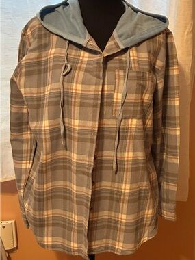 Women’s Plaid Hooded Flannel Jacket - Blue/Tan Size L